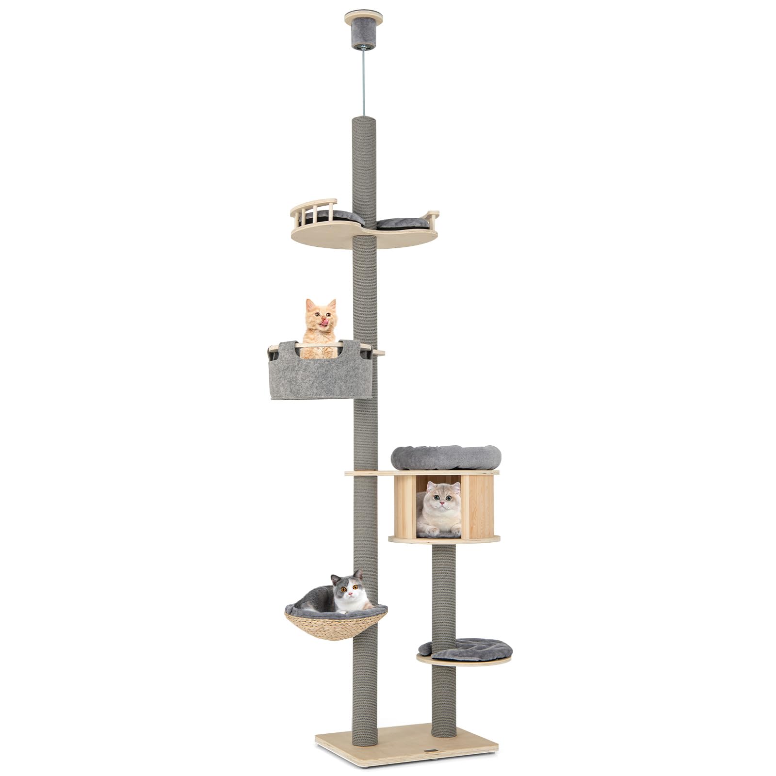 Arbre à chat Tangkula du sol au plafond, Tour à chat haute à 5 niveaux avec hauteur réglable (254-279 cm) pour grands chats